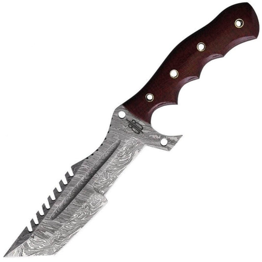 BnB Damascus Tanto Tracker, 6" Blade, Red G10 Handle, Leather Sheath - BNB1225TT