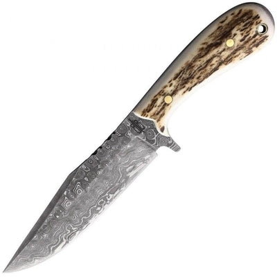 BnB Knives Stag Hunter, 5.5" Damascus Blade, Stag Handle, Leather Sheath - BNB24097