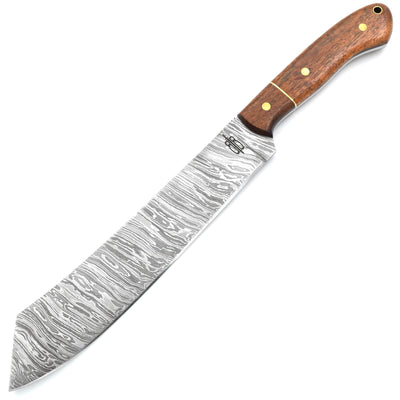 BnB Knives Utility Machete, 9" Damascus Blade, Walnut Handle, Sheath - BNB15257