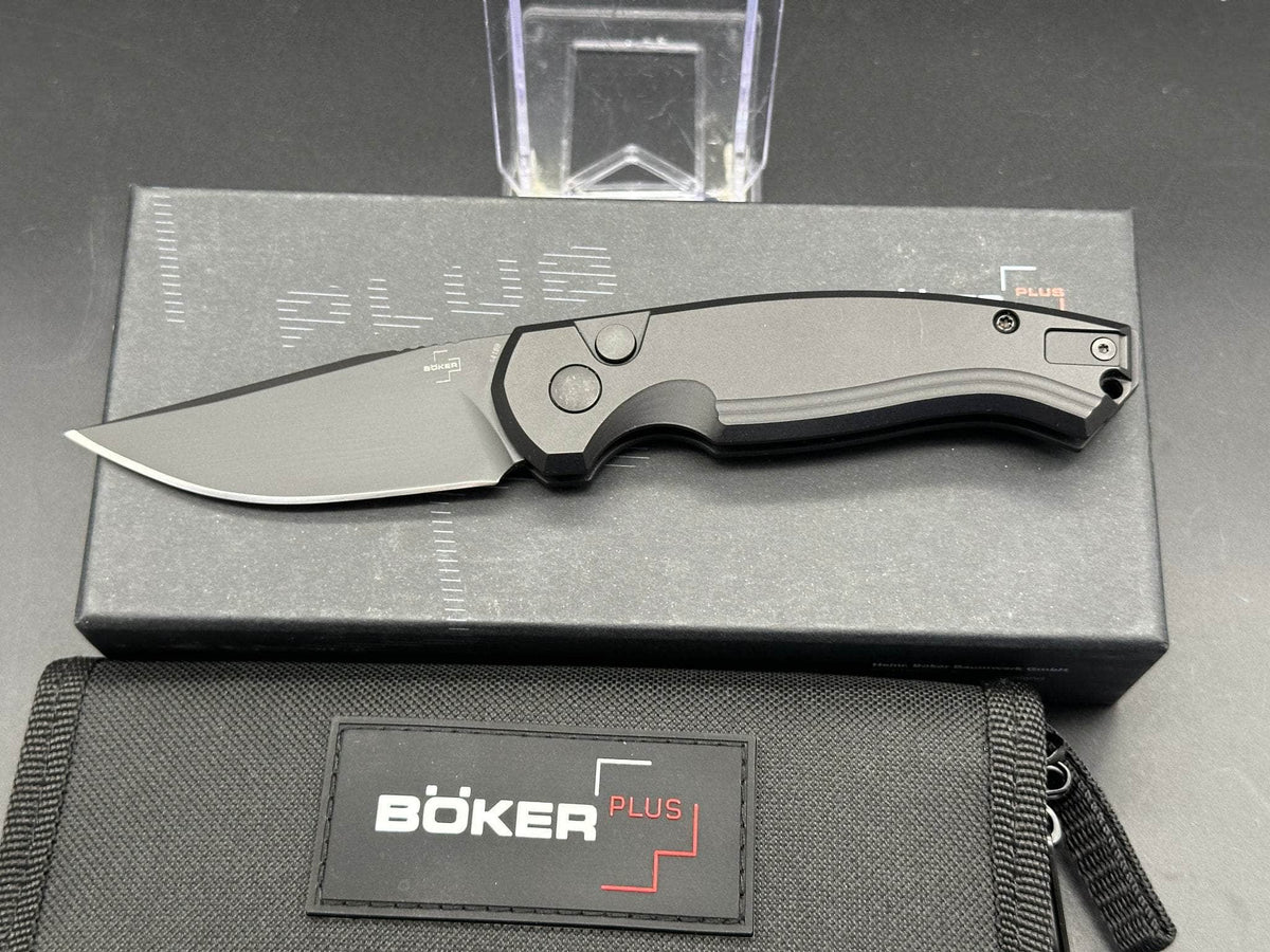 Boker Plus Karakurt Black 01BO365 automatic knife with black 154CM blade and black aluminum handle