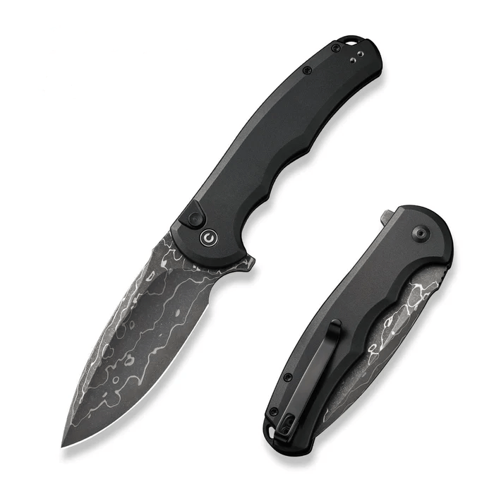 CIVIVI Button Lock Praxis C18026E-DS1 Folding Knife – 3.75" Damascus Drop Point, Black Aluminum Handle