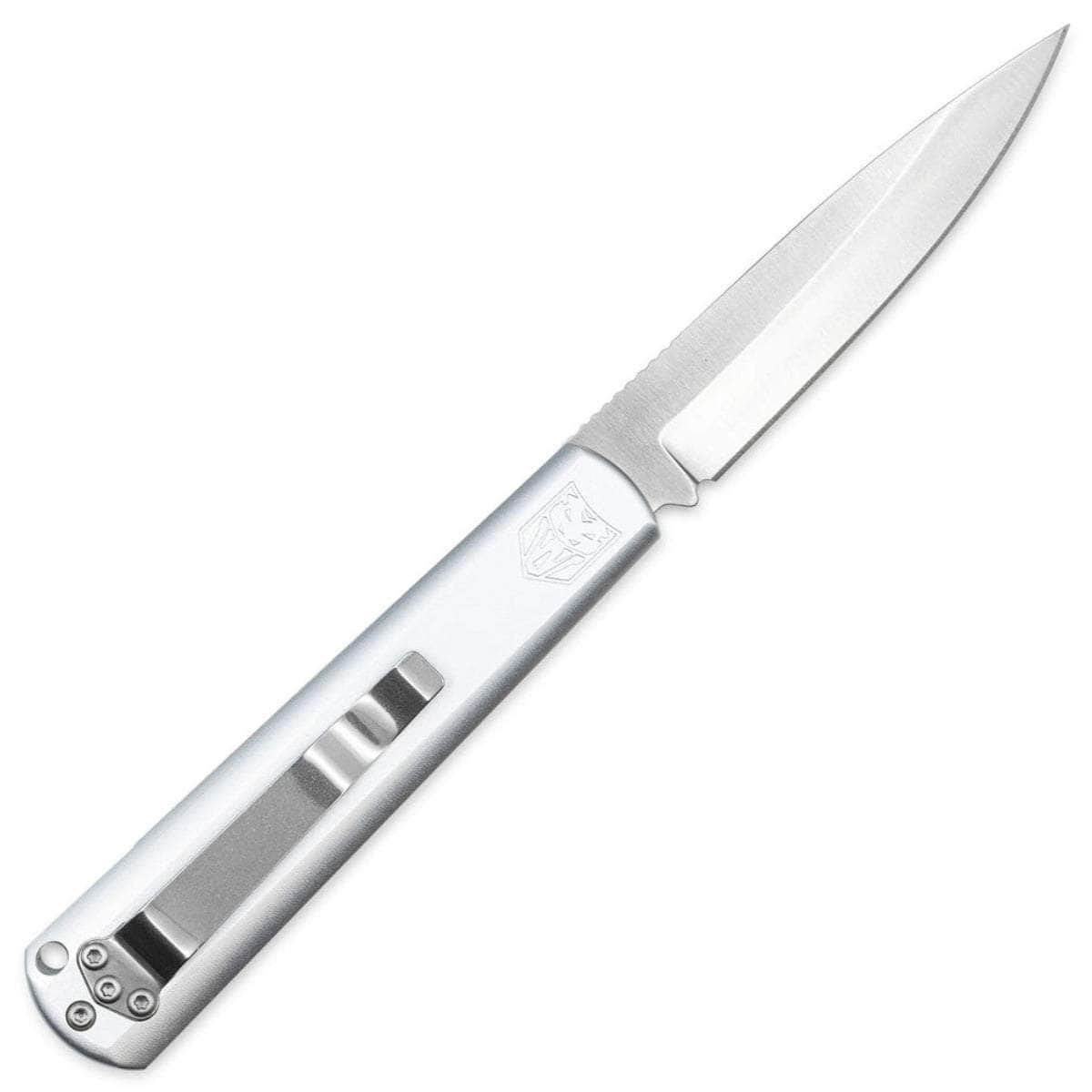 CobraTec Gideon, 3" D2 Hidden Release Blade, Silver Handle - CTGHRSSB