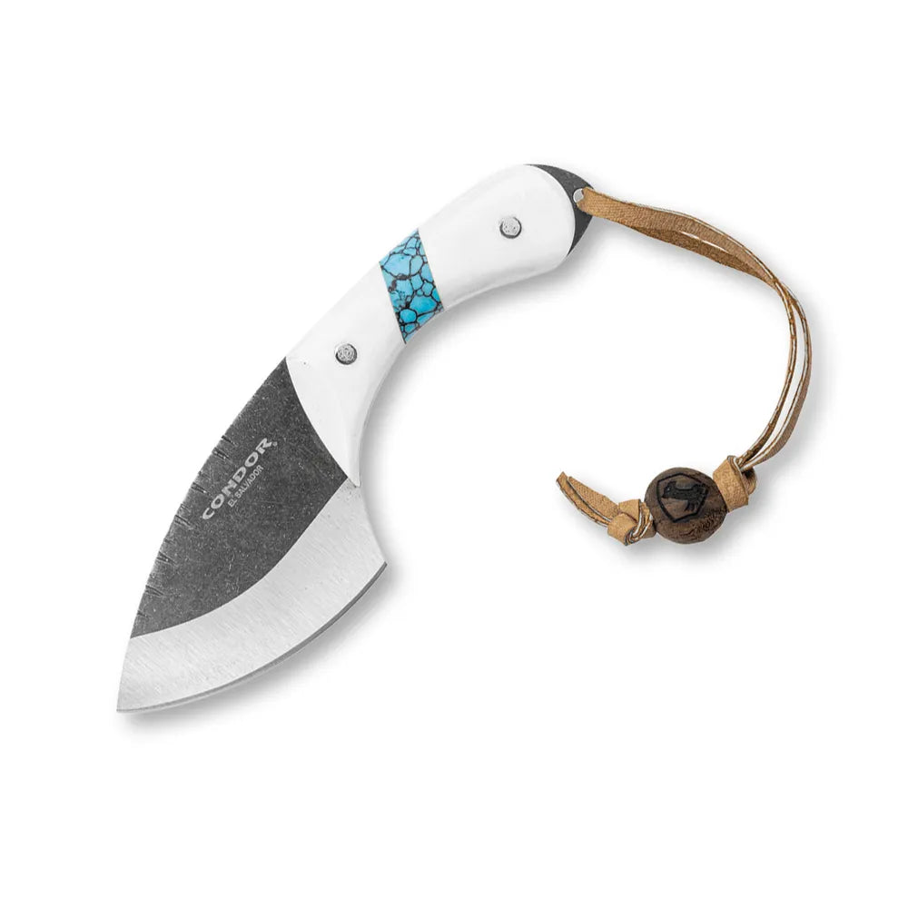 Condor 60058 Blue River Skinner fixed blade with white handle and turquoise inlay