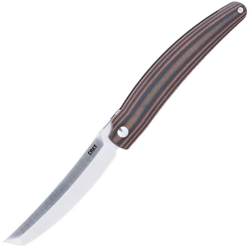 CRKT Ancestor 5930 folding knife open with 3.6-inch D2 tanto blade and striped G10 handle