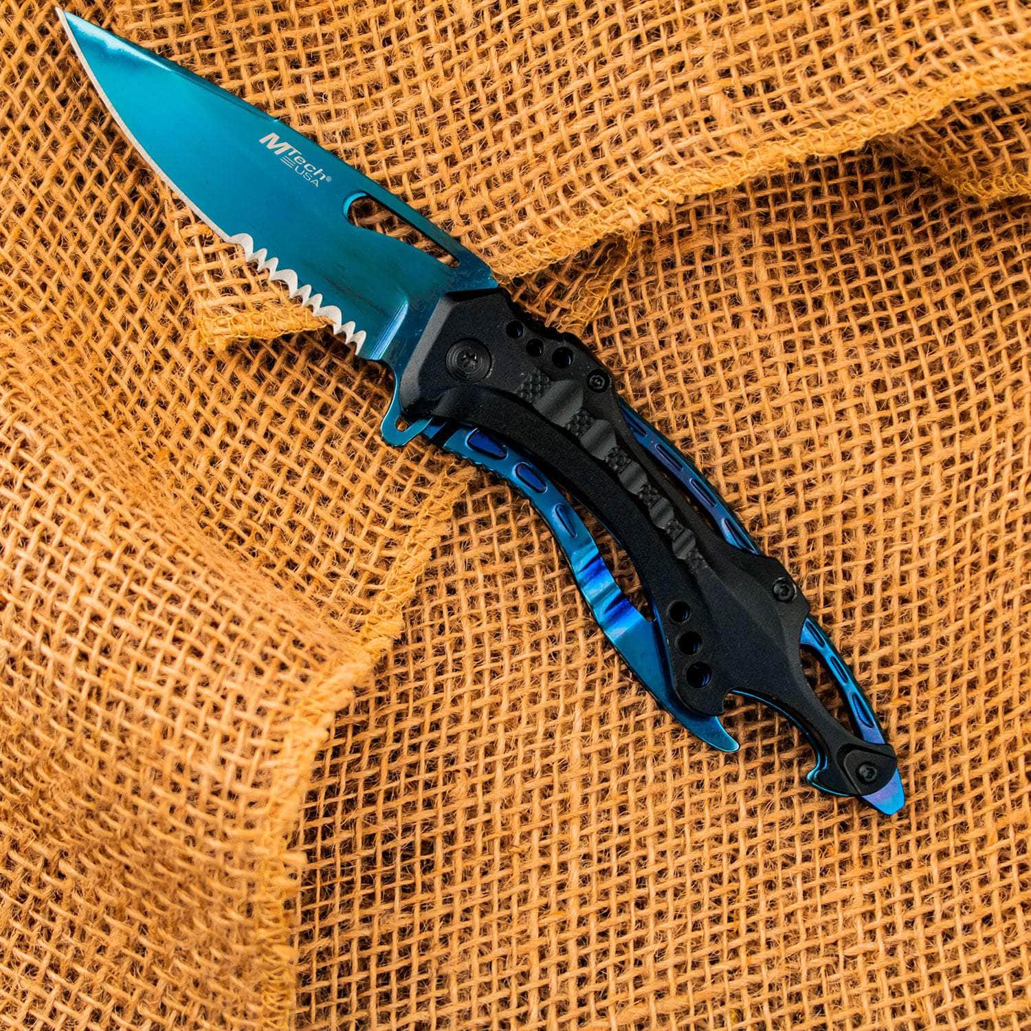 MTech USA Assisted Folder, 3.5" Blue Blade, Aluminum Handle - MT-A705BL
