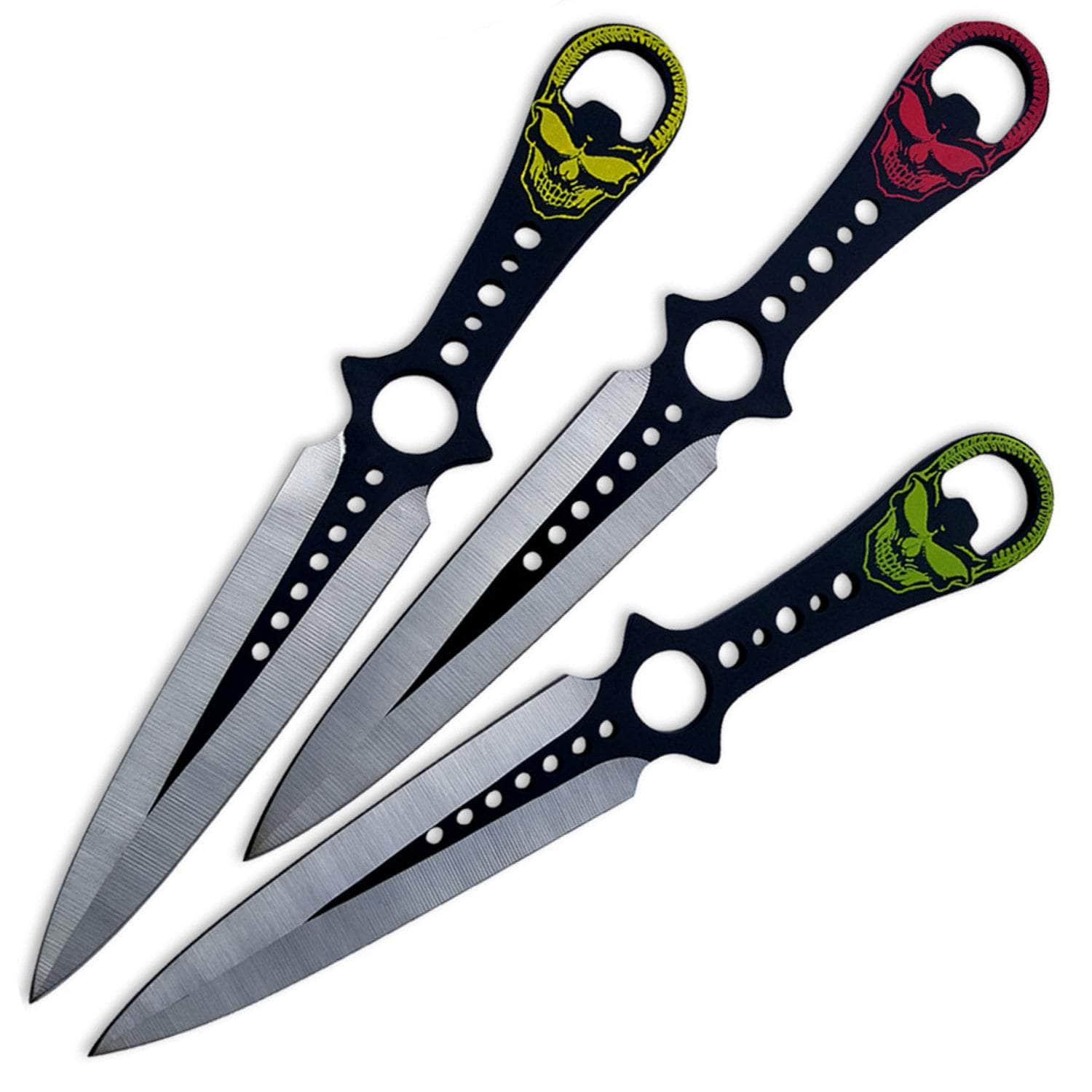 Grinning Demon Throwing Knife Set, 3 8" Throwers, Skull Handle, Sheath