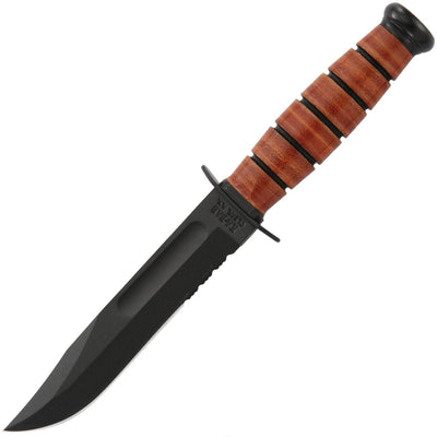 KA-BAR Short Fighting/Utility Knife, 5.25" Serrated Blade, Leather Handle, Sheath - 1261