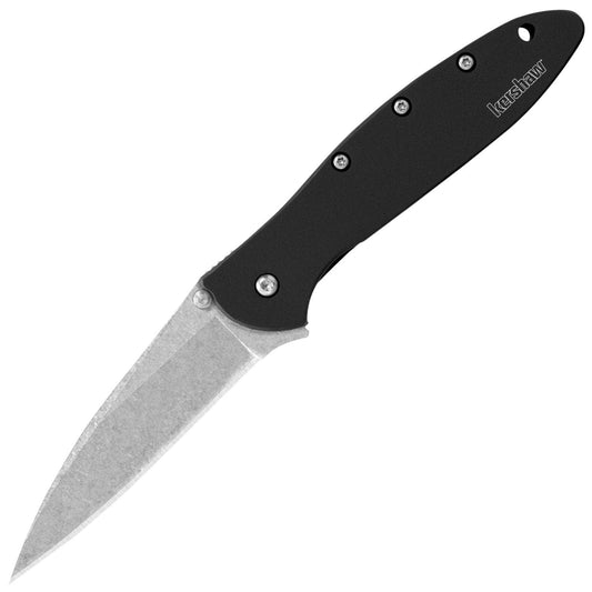 Kershaw Leek, 3" Stonewashed Assisted Blade, Black Steel Handle - 1660SWBLK