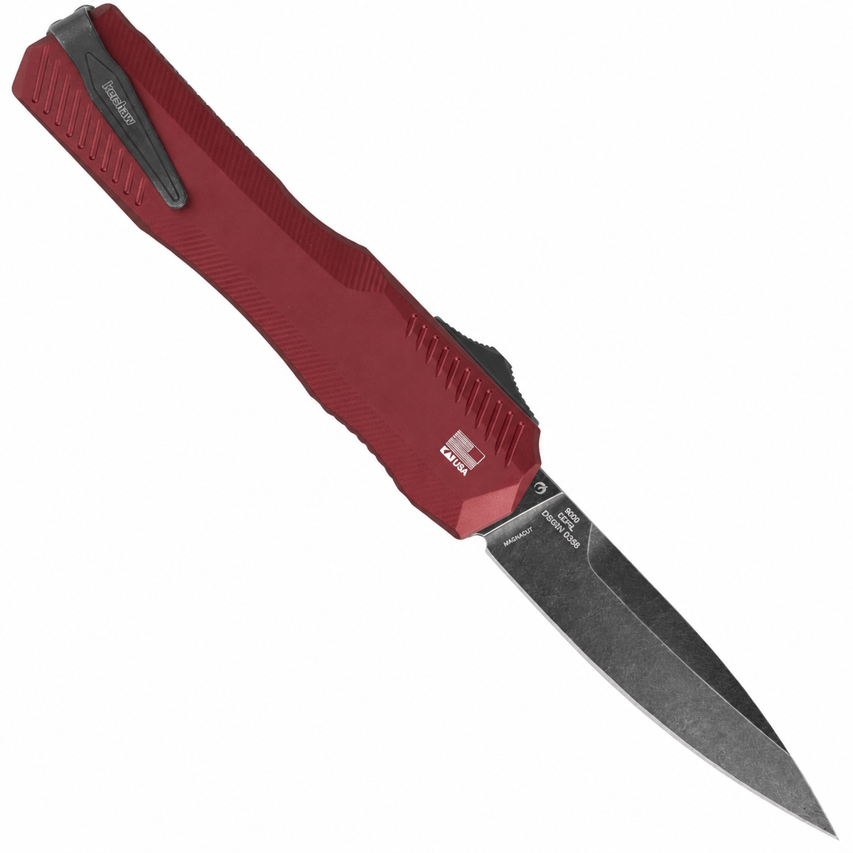 Kershaw Livewire 9000MERL OTF knife with Napa Merlot handle and BlackWash blade, pocket clip side