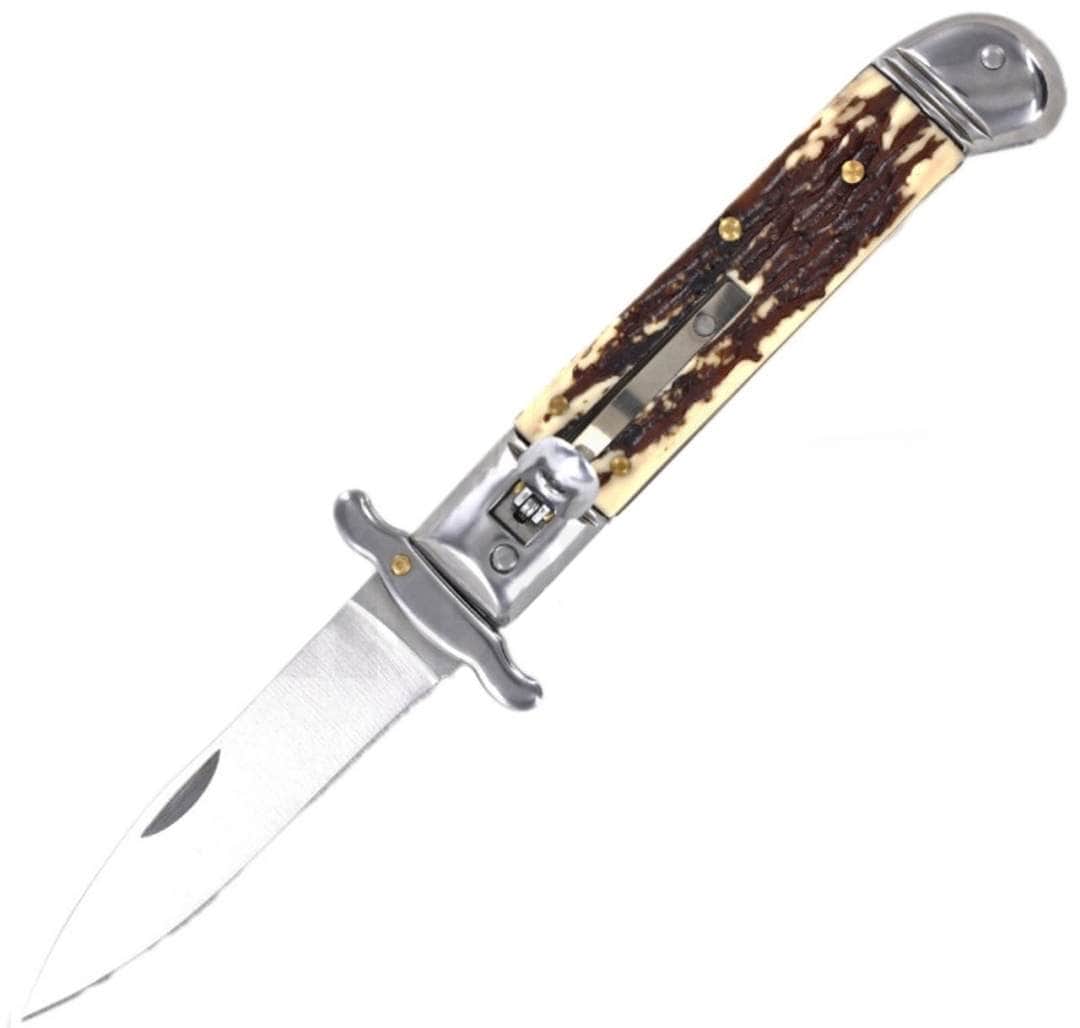 Milano 8" Leverlock Swinguard Faux Stag Automatic Knife – 3.25" Satin Blade