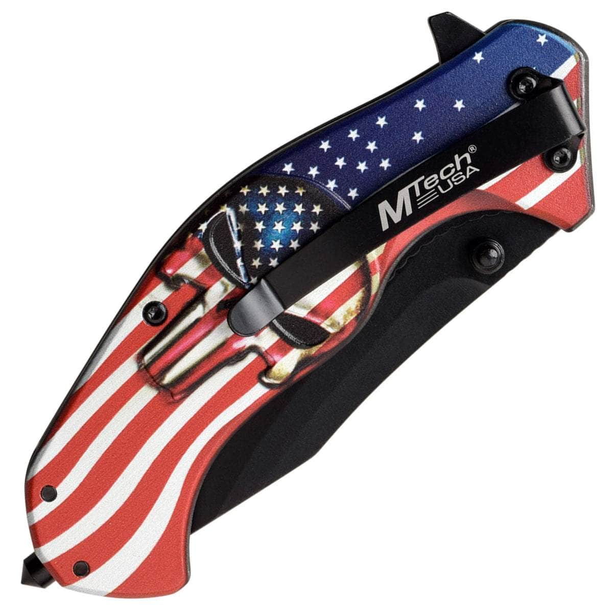 MTech Spring Assisted Knife, 3.25" Blade, American Flag Skull Handle - MT-A1025A