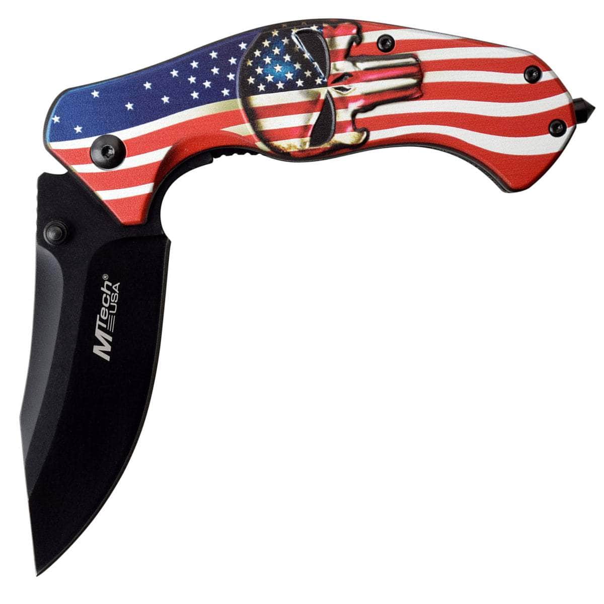 MTech Spring Assisted Knife, 3.25" Blade, American Flag Skull Handle - MT-A1025A