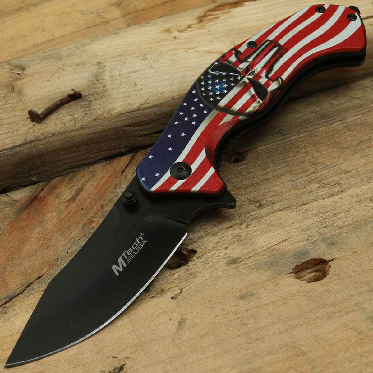 MTech Spring Assisted Knife, 3.25" Blade, American Flag Skull Handle - MT-A1025A