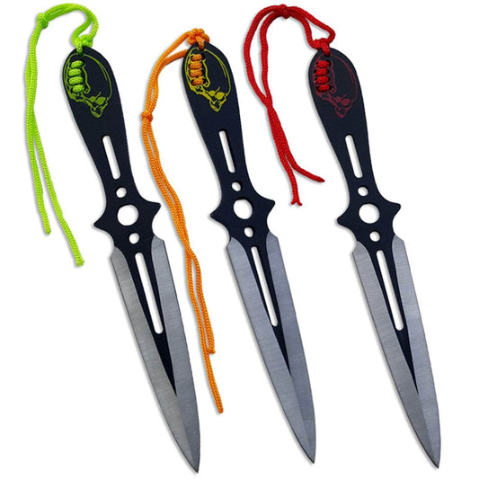 Ninja Throwing Knife Set, 3 8" Throwers, Skull Handle, Nylon Sheath - TK9121-80B-3