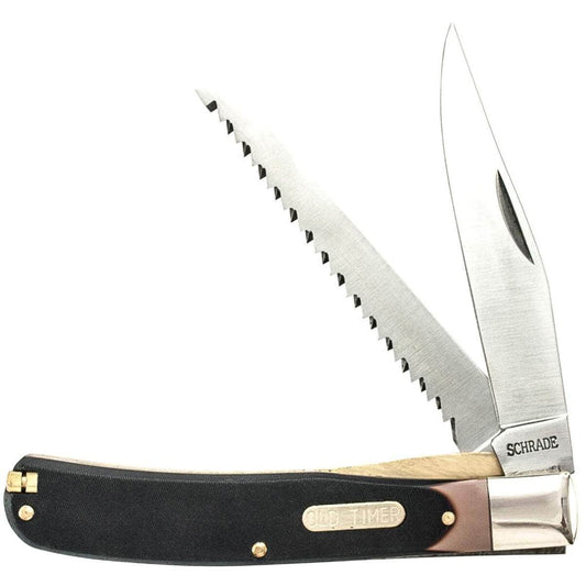 Schrade Old Timer 97OT Buzz Saw Trapper, 2 3.7" Blades, Sawcut Handle, Sheath