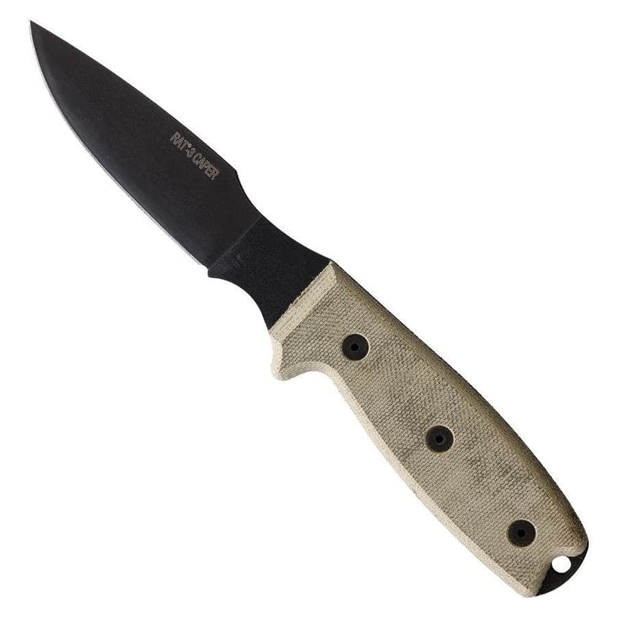 Ontario RAT-3 Caper 8663 fixed blade knife with black carbon steel blade and tan Micarta handle