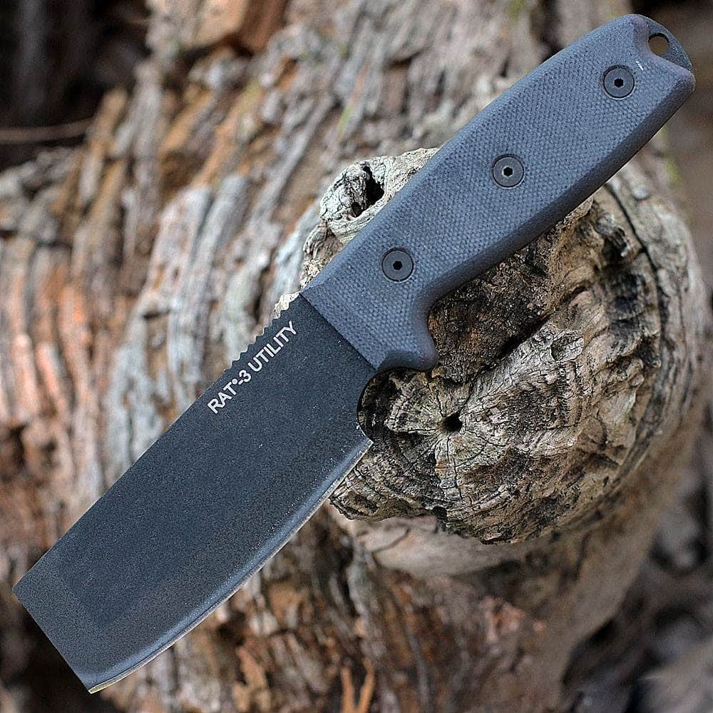 Ontario RAT-3 Utility 8662 fixed blade knife with black carbon steel blade and gray Micarta handle