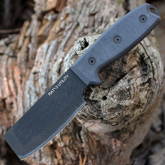 Ontario RAT-3 Utility 8662 Fixed Blade Knife – Black Carbon Steel, Gray Micarta