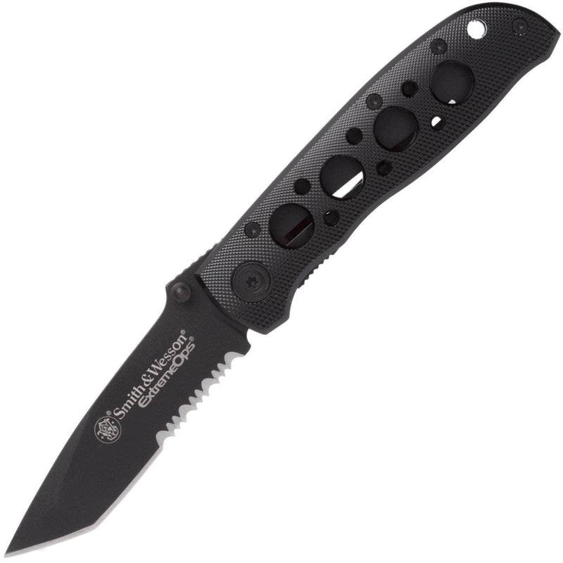 Smith & Wesson Extreme Ops Folder, 3.25" Combo Blade, Black Aluminum Handle - CK5TBS
