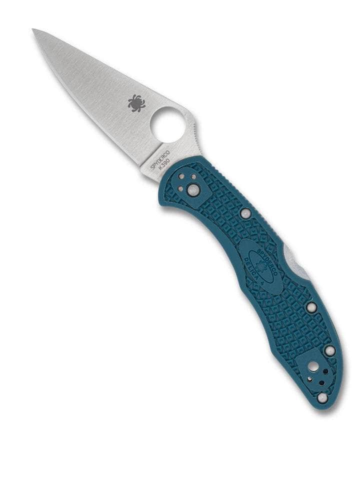 Spyderco Delica 4 C11FPK390 open with satin K390 plain-edge blade and blue FRN handle