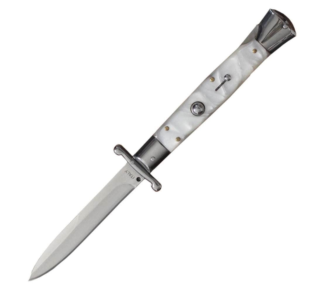 Milano 10" Swinguard White Swirl Automatic Knife – 4.2" Polished Blade