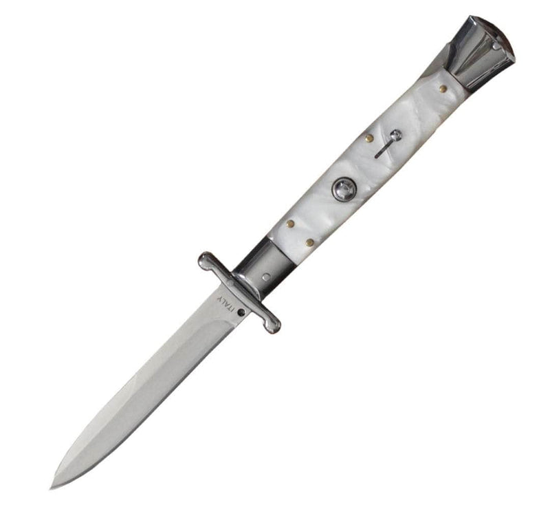 Milano 10" Swinguard White Swirl Automatic Knife – 4.2" Polished Blade