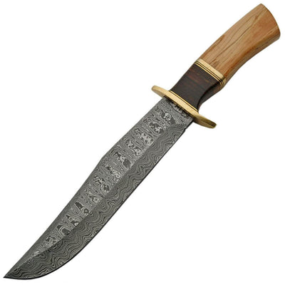 Damascus Bowie Knife, 14.5" Overall, Wood/Leather Handle, Sheath - DM-1132