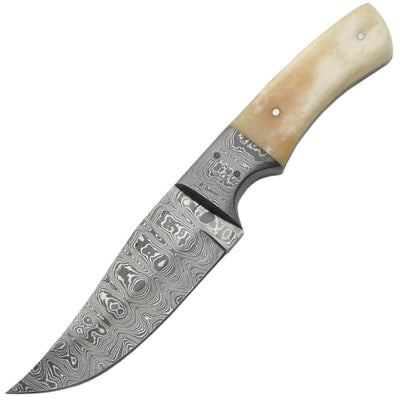 Damascus Bone Hunting Knife, 8" Overall Length, Bone Handle, Sheath - DM-1051BO