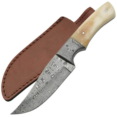 Damascus Bone Hunting Knife, 8" Overall Length, Bone Handle, Sheath - DM-1051BO