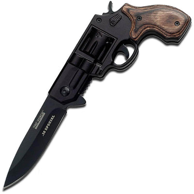 Tac-Force Gun-Style Spring Assisted Knife, 3.25" Blade, Wood Handle - TF-760BGY