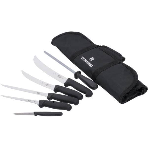 Victorinox 57610 field dressing kit with five black-handled knives and sharpening steel in carrying case
