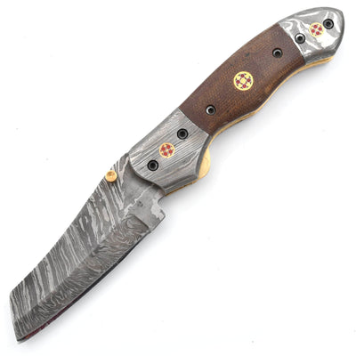 White Deer Damascus Folding Knife, 3.25" Blade, Micarta Wood Handle, Sheath - FDM-2521