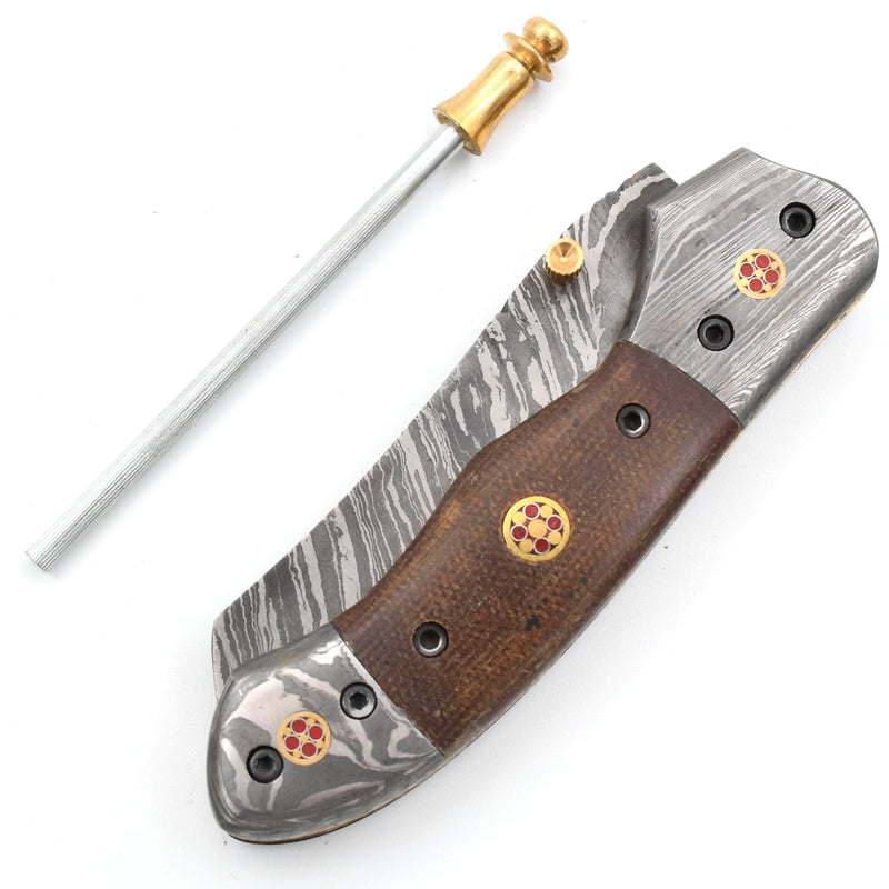 White Deer Damascus Folding Knife, 3.25" Blade, Micarta Wood Handle, Sheath - FDM-2521