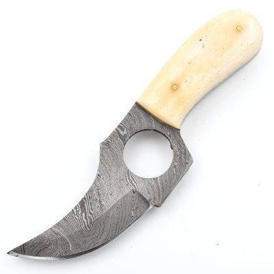 White Deer Damascus Skinner Knife, 3.5" Blade, Horn Handle, Sheath - DM-2188