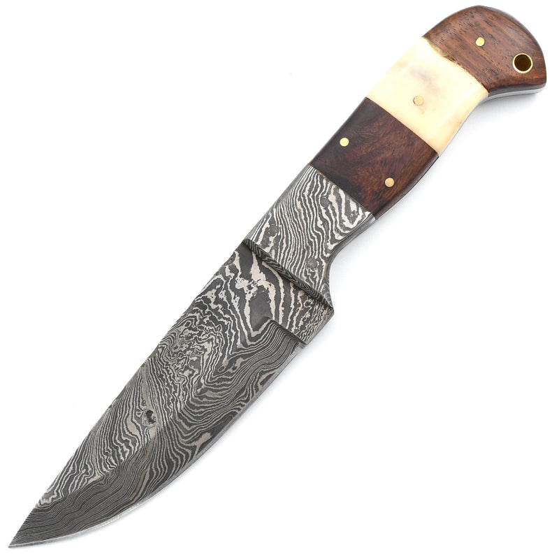 White Deer Damascus Skinner, 4.5" Blade, Wood/Bone Handle, Leather Sheath - DM-713