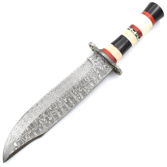 White Deer Damascus Bowie, 10" Blade, Buffalo Horn Handle, Sheath - GDM-2148