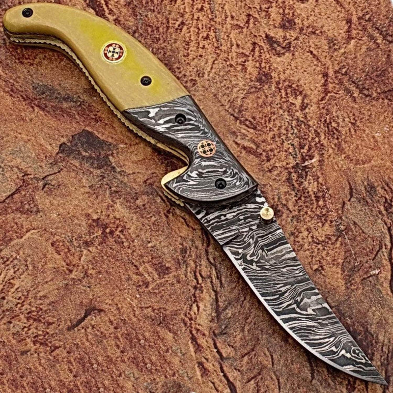 White Deer Alaska Mariners Folding Knife, 3.5" Damascus Blade, Camel Bone Handle, Sheath - FDM-2528