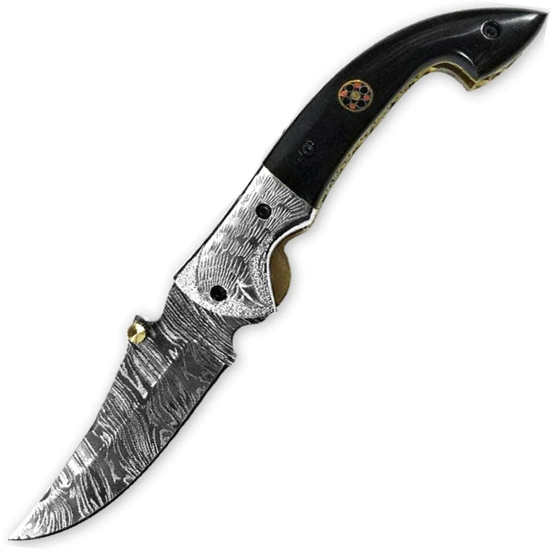 White Deer Bird of Prey Damascus Folding Knife, 3.1" Blade, Horn Handle, Sheath - FDM-2555