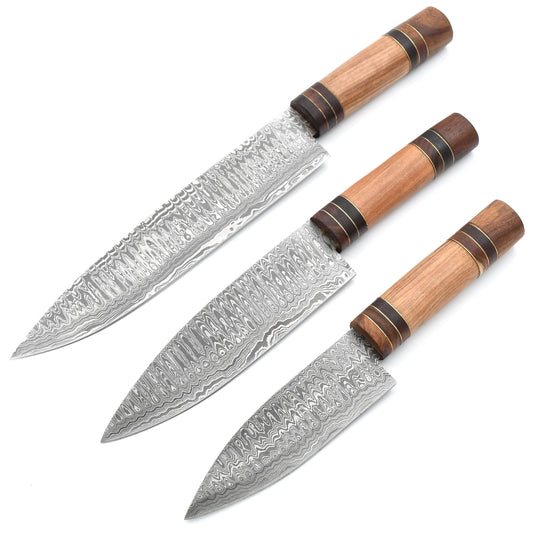 White Deer Damascus Chef Knife Set, 3 Knives with Olive Wood Handles - SDM-2262