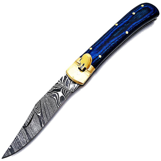 White Deer Damascus Blue Lever Lock Auto, 3.4" Blade, Wood Composite Handle