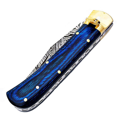 White Deer Damascus Blue Lever Lock Auto, 3.4" Blade, Wood Composite Handle