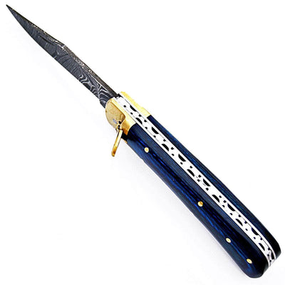 White Deer Damascus Blue Lever Lock Auto, 3.4" Blade, Wood Composite Handle