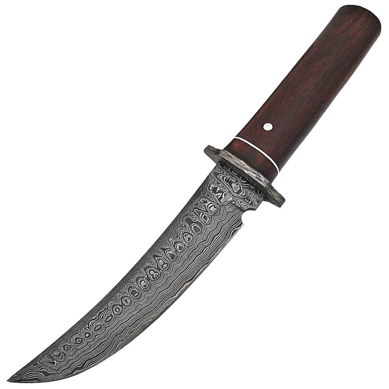 White Deer Damascus Hunting Knife, 7.2" Blade, Walnut Wood Handle, Leather Sheath - WDM-2402