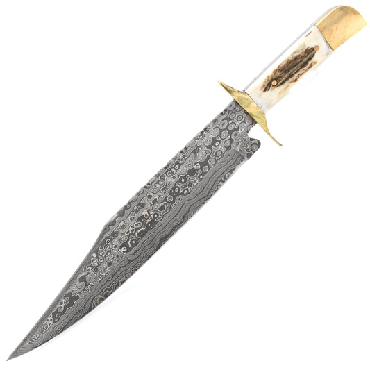 White Deer Damascus Bowie Hunting Knife, 11" Blade, Horn Handle, Leather Sheath - GDM-03