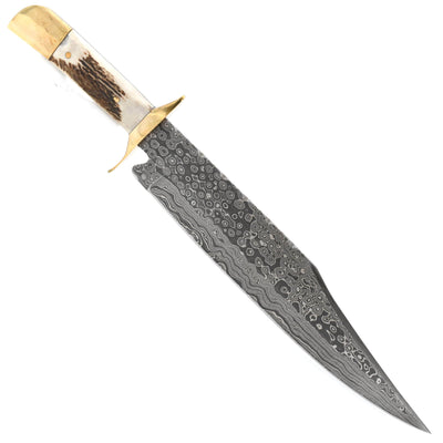White Deer Damascus Bowie Hunting Knife, 11" Blade, Horn Handle, Leather Sheath - GDM-03