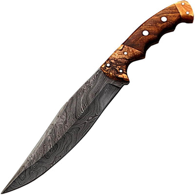 White Deer Damascus Bowie Knife, 7" Blade, Wood Handle, Sheath - DM-2276