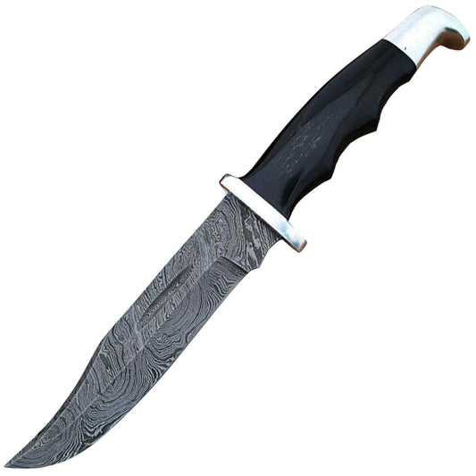 White Deer Damascus Bowie, 6" Blade, Buffalo Horn Handle, Sheath