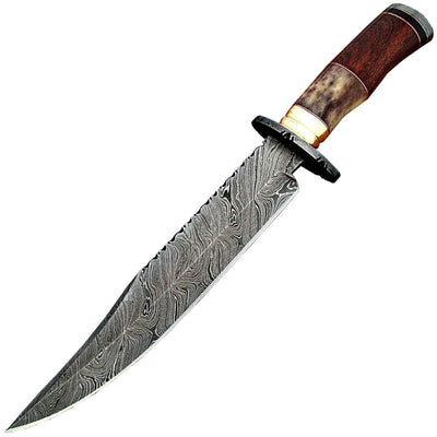 White Deer Damascus Bowie Knife, 8" Blade, Giraffe Bone/Rosewood Handle - DM-2271