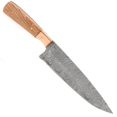 White Deer Damascus Chef Knife, 8" Blade, Olive Wood Handle - SDM-2169