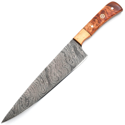 White Deer Damascus Chef Knife, 8" Blade, Olive Wood Handle with Copper Guard